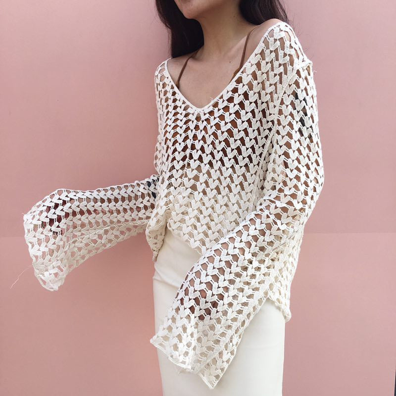Crochet Cutout Long-Sleeve Blouse