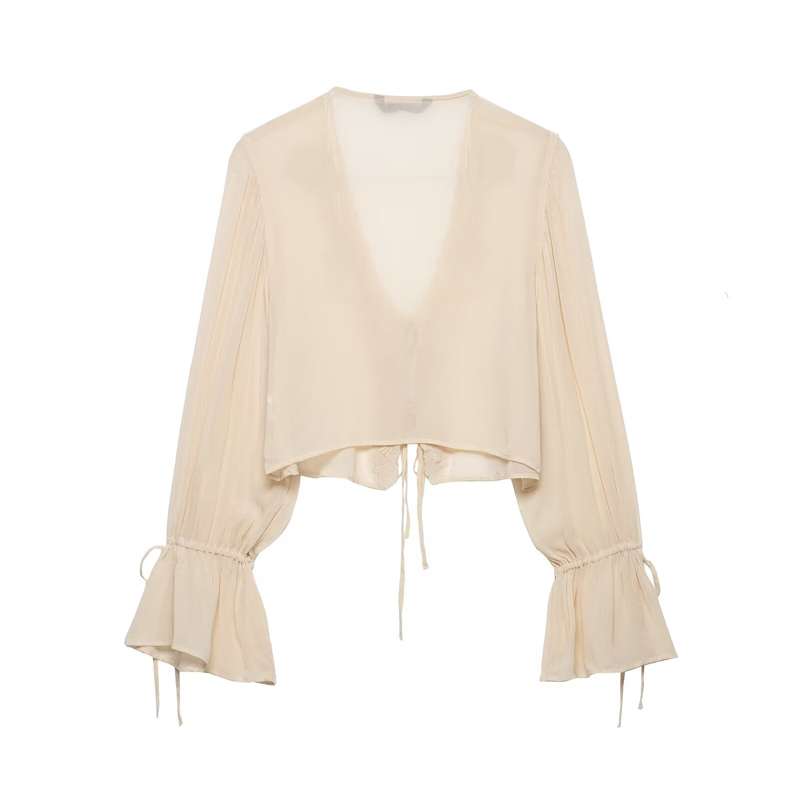 Lace-Up Embroidered V-Neck Blouse