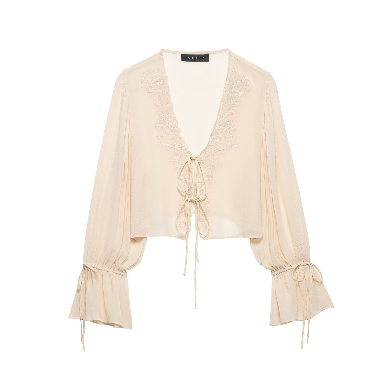 Lace-Up Embroidered V-Neck Blouse