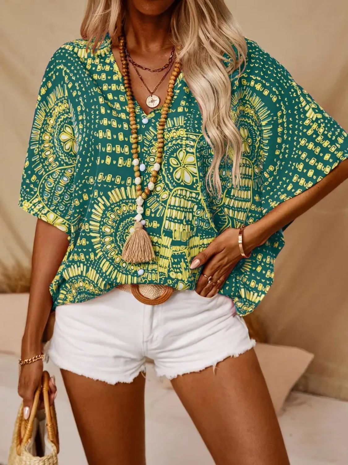 Printed V-Neck Half-Sleeve Top