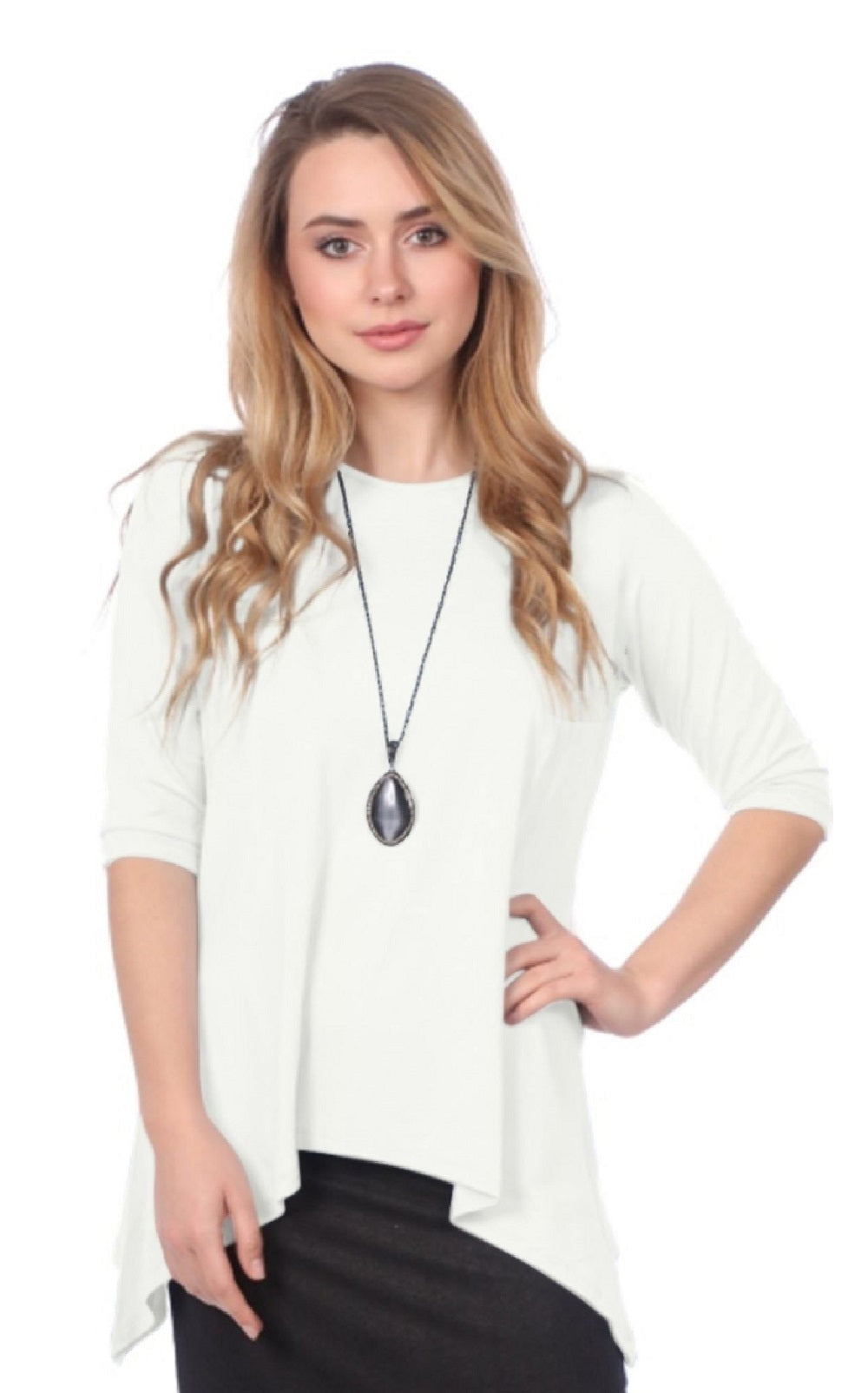 Modest Handkerchief Tunic Top - 3/4 Sleeve Comfort Flow Design - Solid Colors