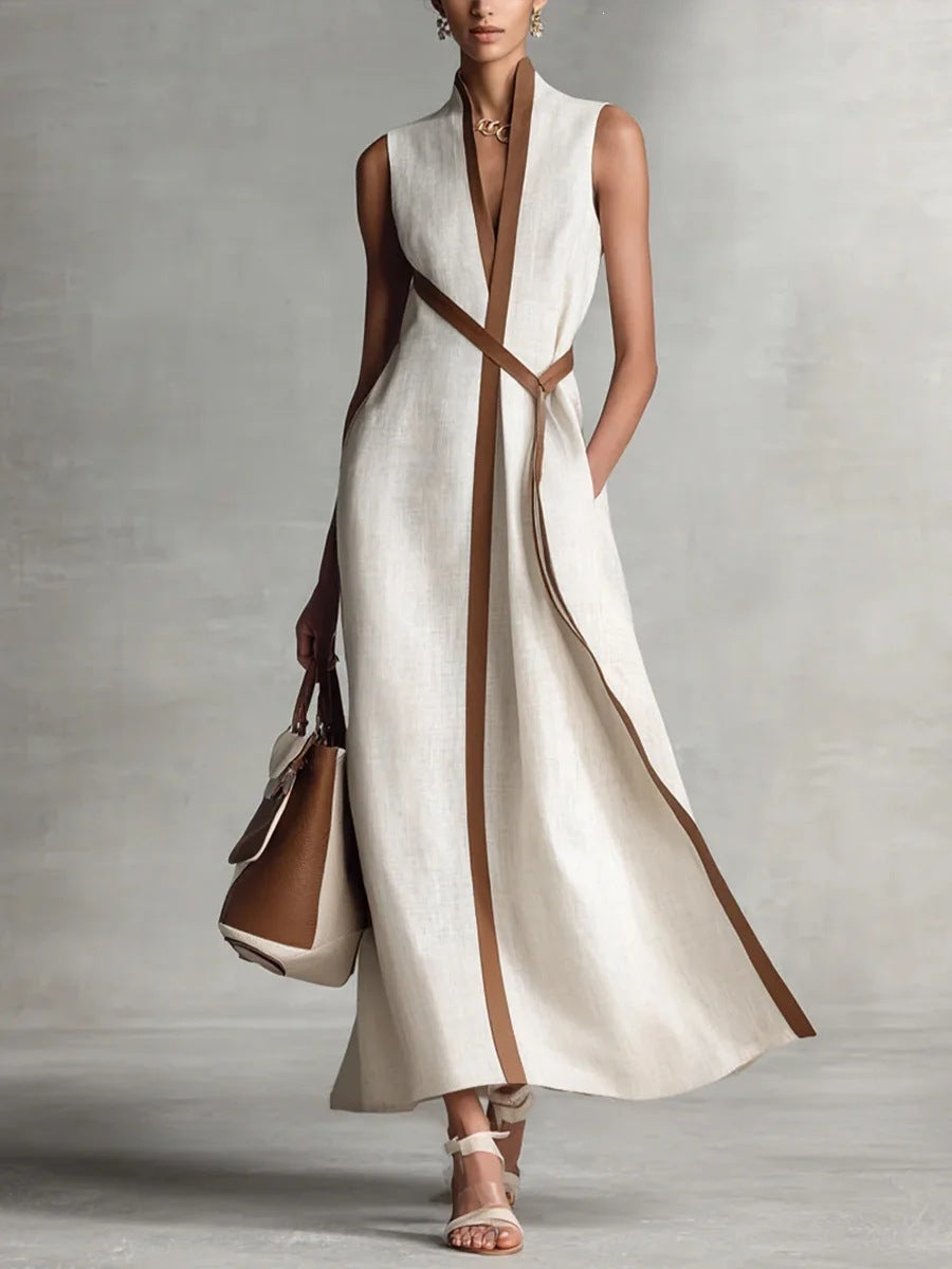 Color Block Sleeveless Linen-Blend Dress