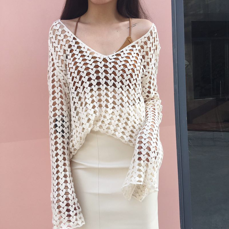 Crochet Cutout Long-Sleeve Blouse