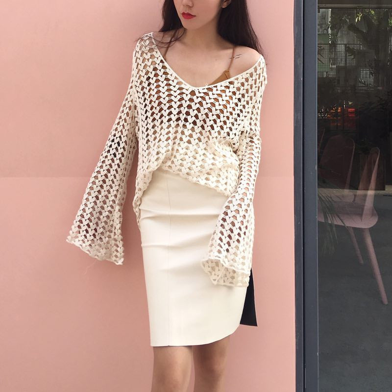 Crochet Cutout Long-Sleeve Blouse