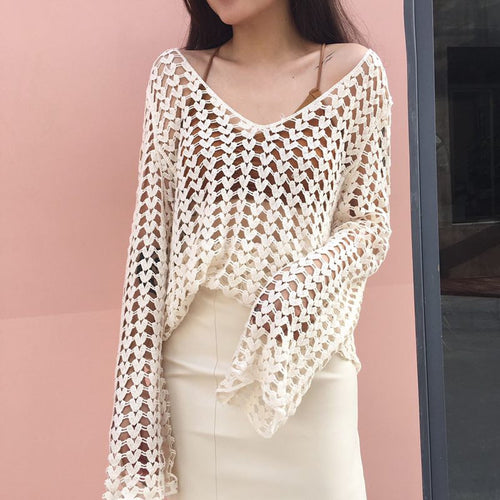 Crochet Cutout Long-Sleeve Blouse, women's top