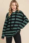 Chic Striped Drawstring Hoodie with Dropped Shoulders