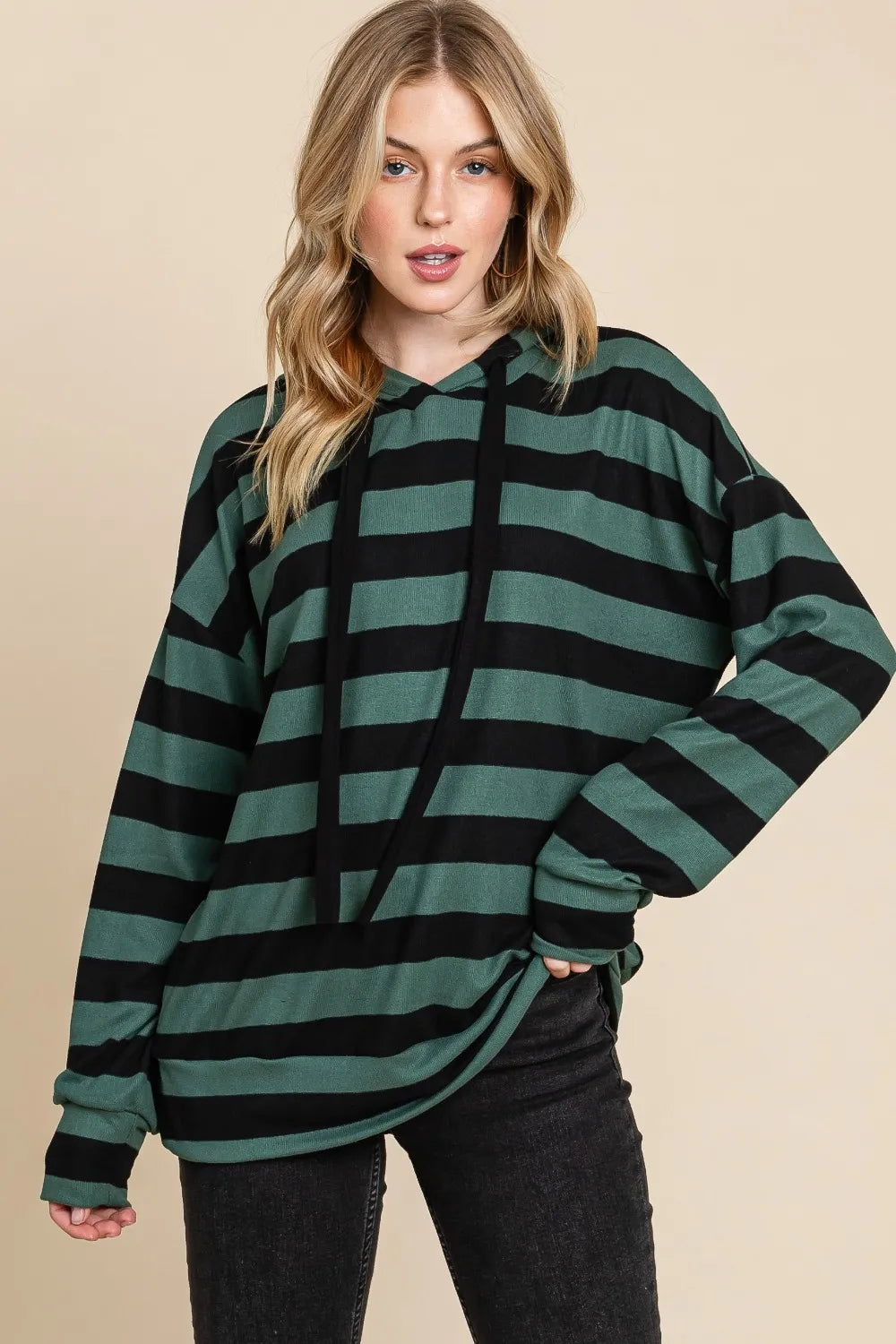 Chic Striped Drawstring Hoodie with Dropped Shoulders