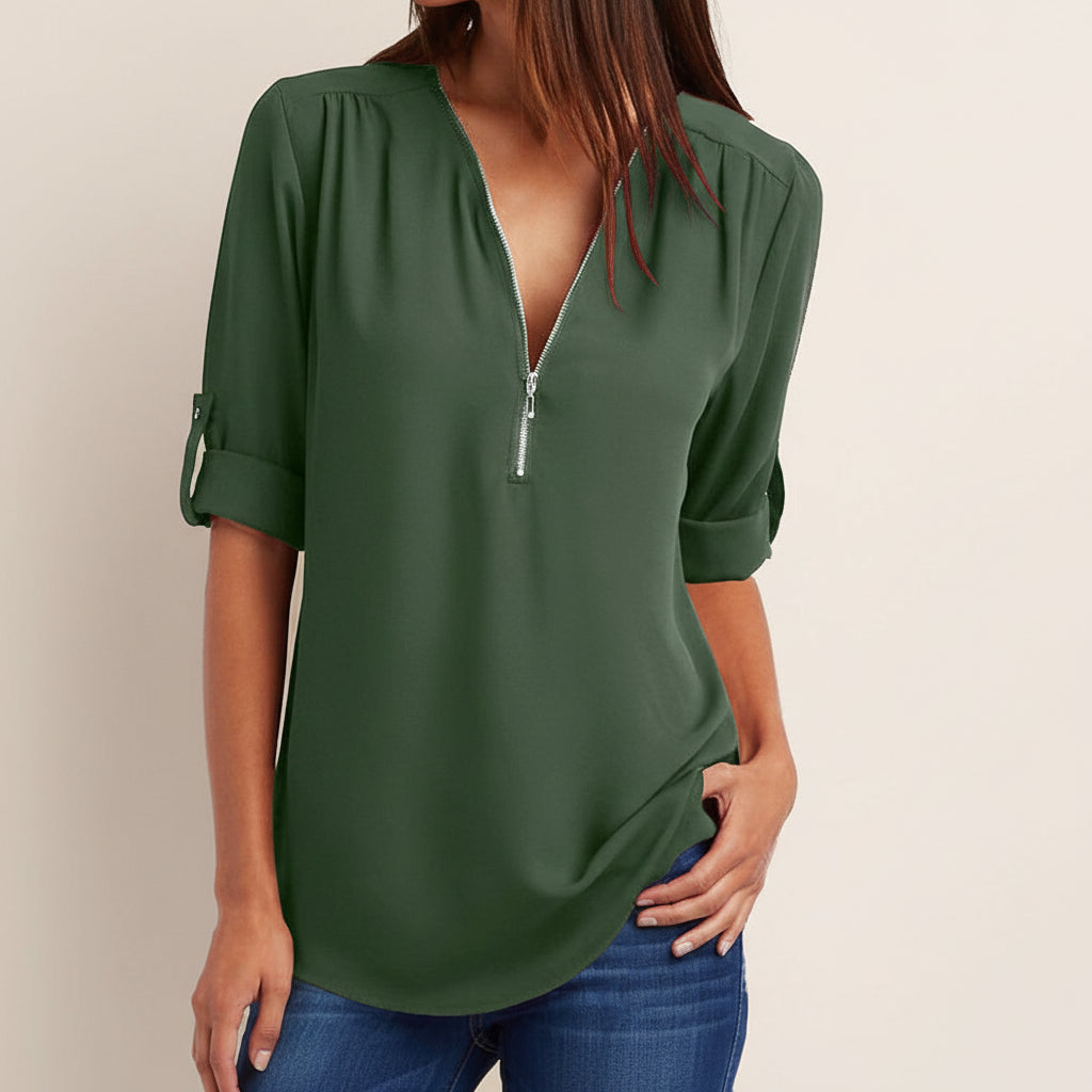 Women's Short-Sleeve Zip V-Neck Top, women's top