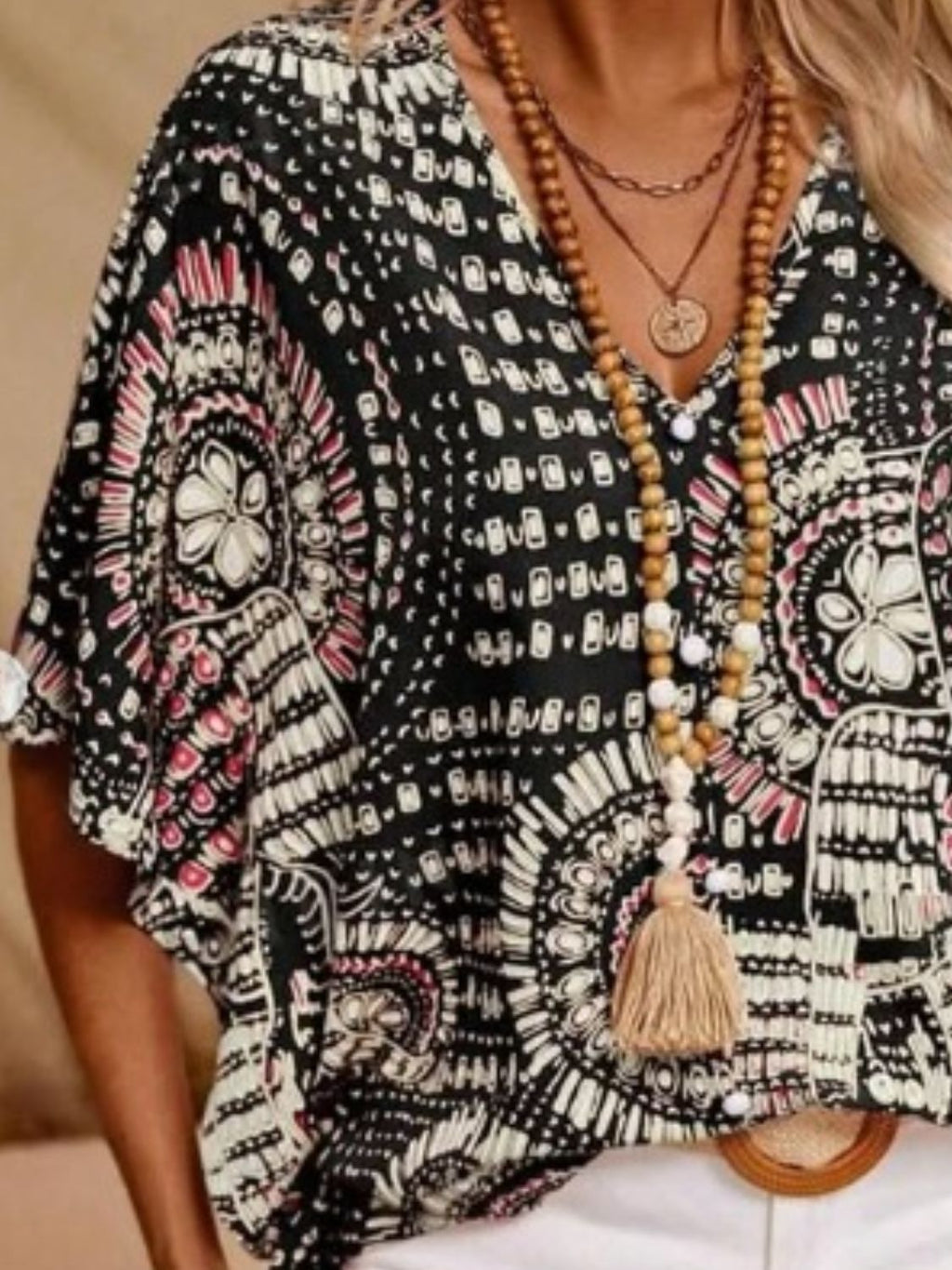 Printed V-Neck Half-Sleeve Top