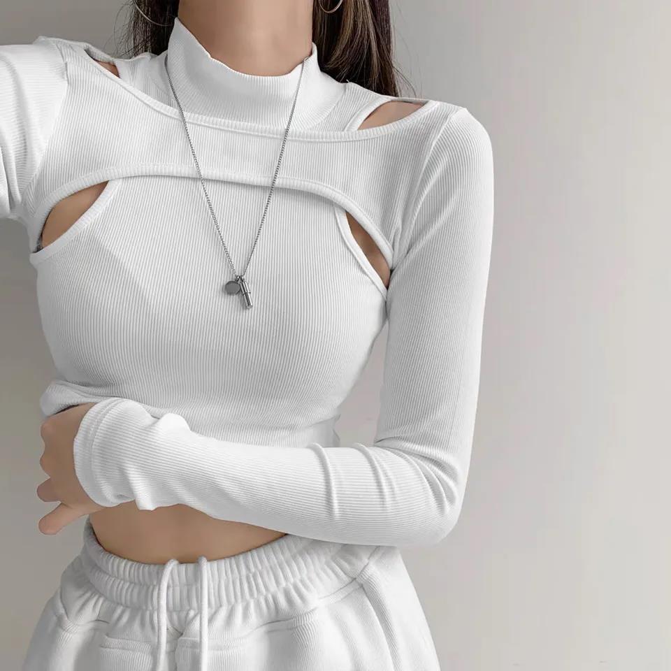 Hollow-Knit Layered Crop Top, women's t-shirt