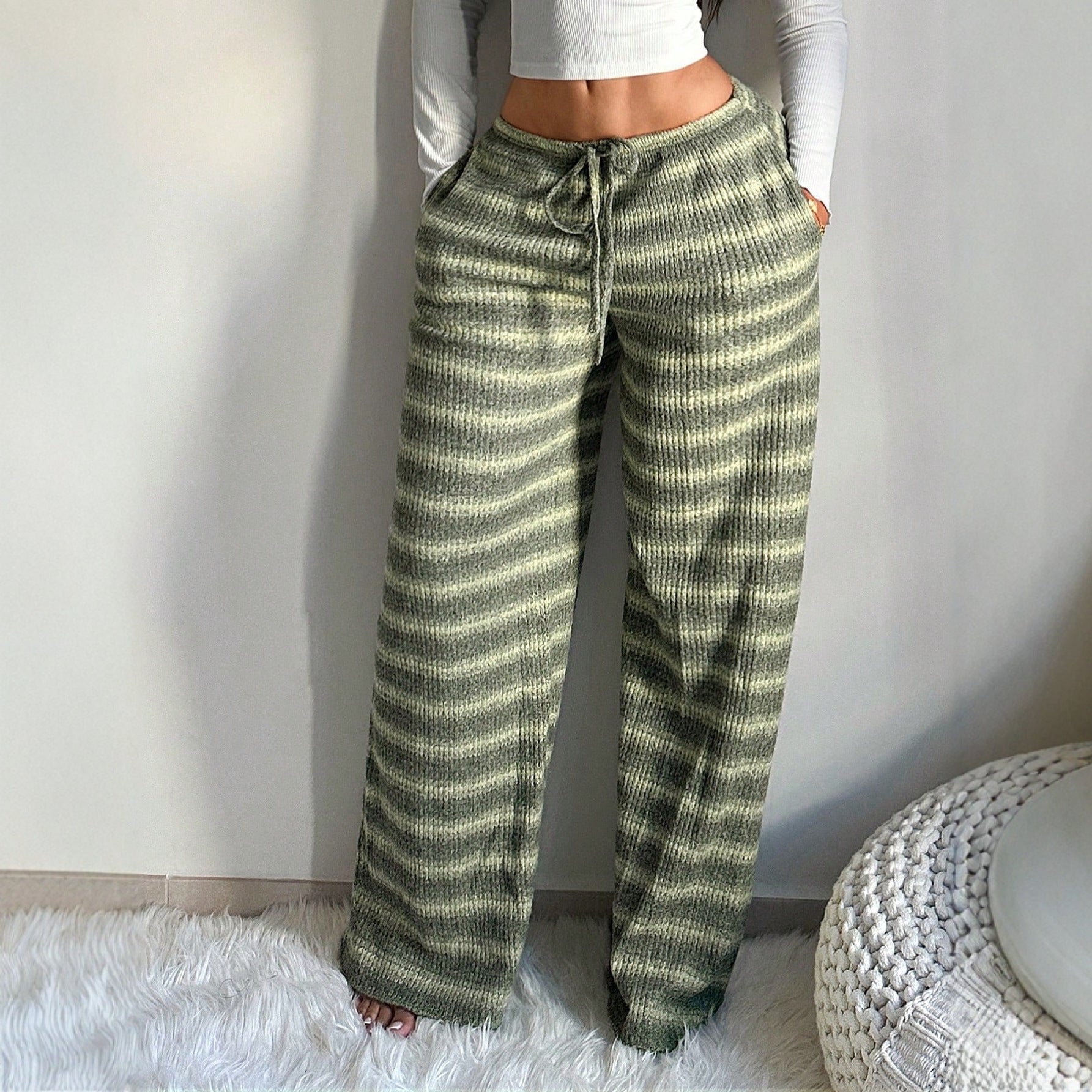 Contrast Striped Straight-Leg Trousers, women's pants