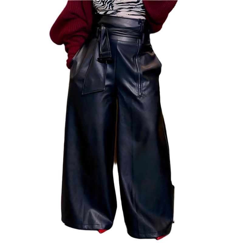 Faux Leather Wide-Leg Belted Pants