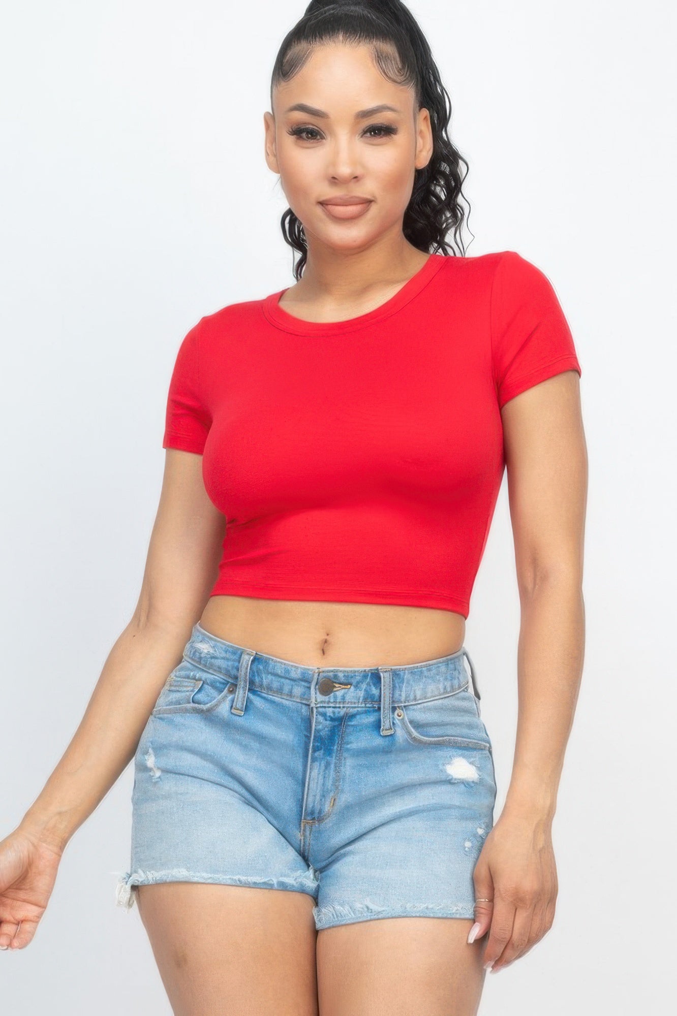 Round-Neck Short-Sleeve Crop Tee