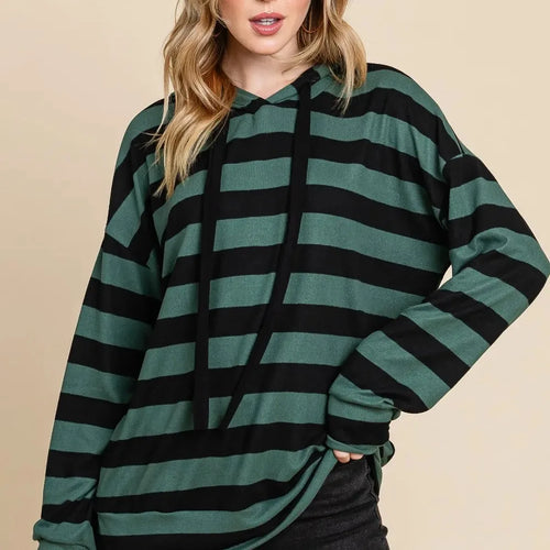 Chic Striped Drawstring Hoodie with Dropped Shoulders