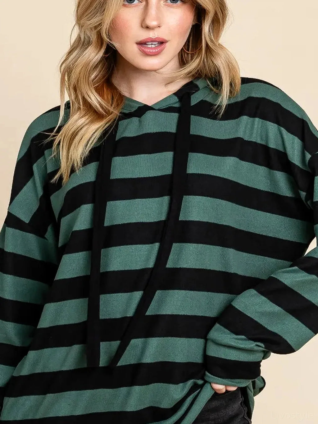 Chic Striped Drawstring Hoodie with Dropped Shoulders