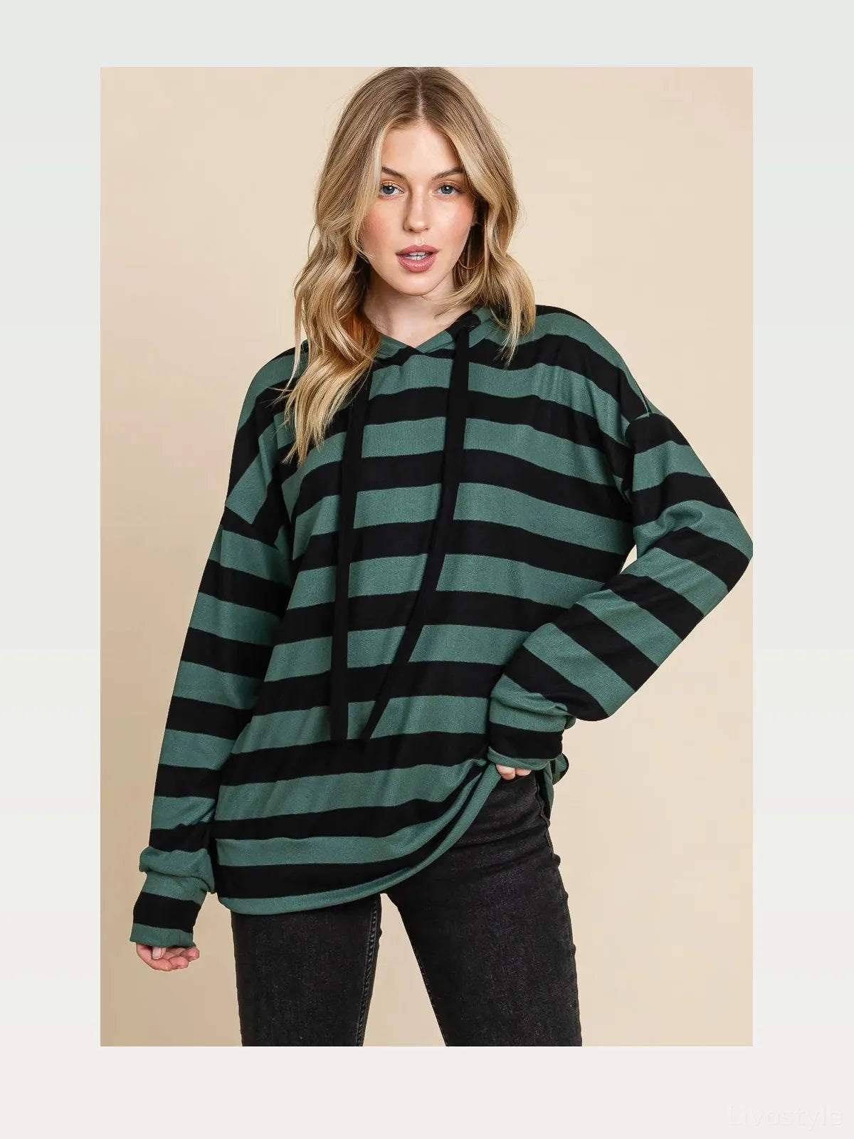 Chic Striped Drawstring Hoodie with Dropped Shoulders