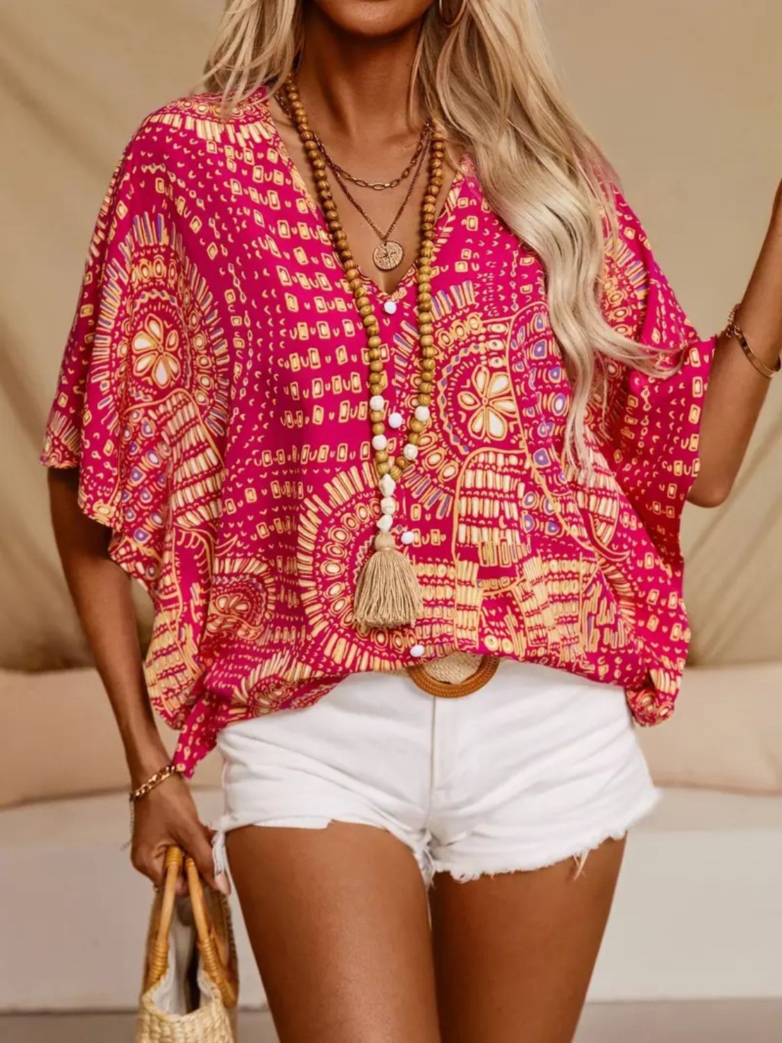 Printed V-Neck Half-Sleeve Top