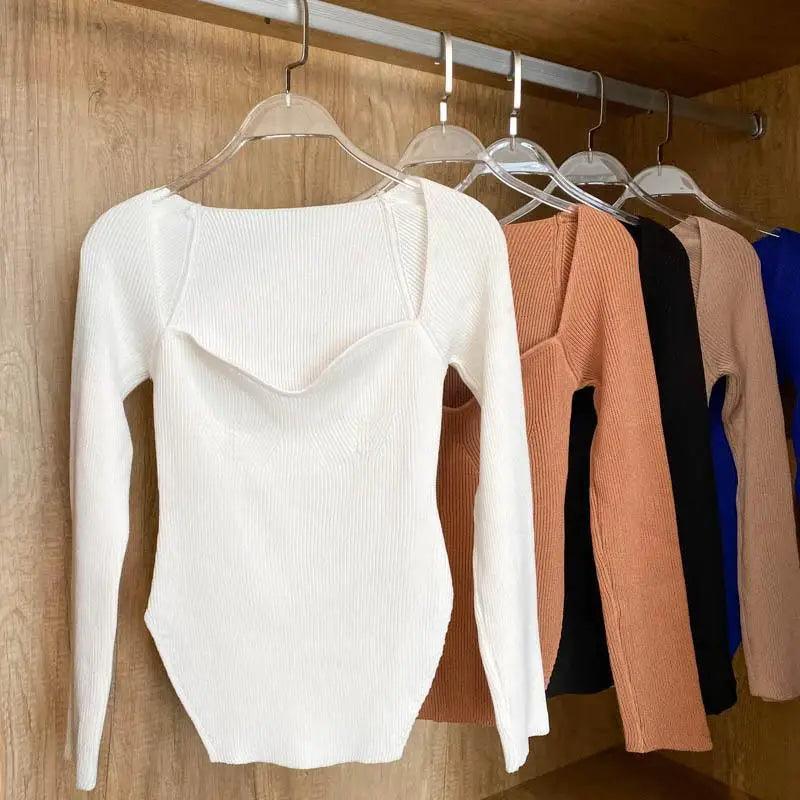 Square-Collar Knit Pullover Sweater