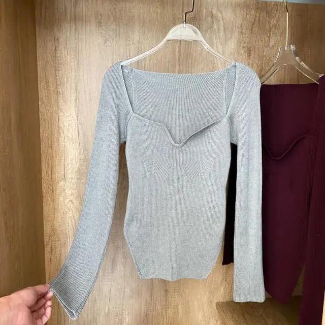 Square-Collar Knit Pullover Sweater