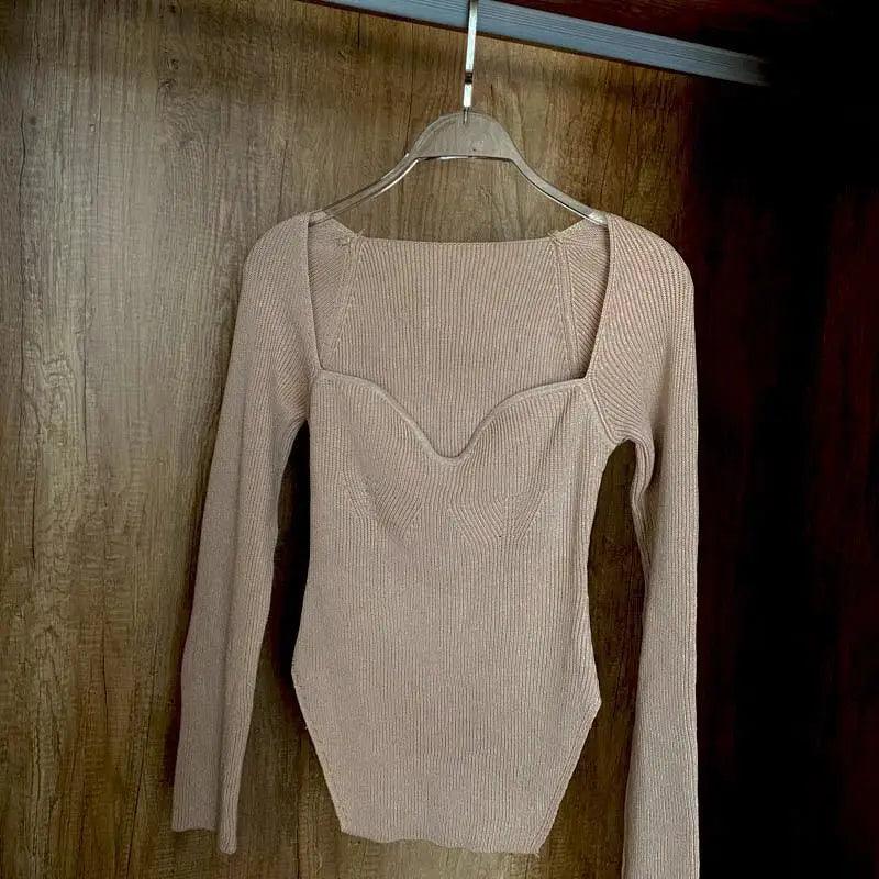 Square-Collar Knit Pullover Sweater