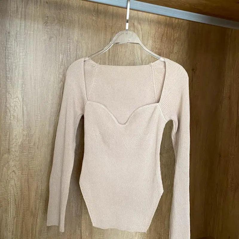 Square-Collar Knit Pullover Sweater
