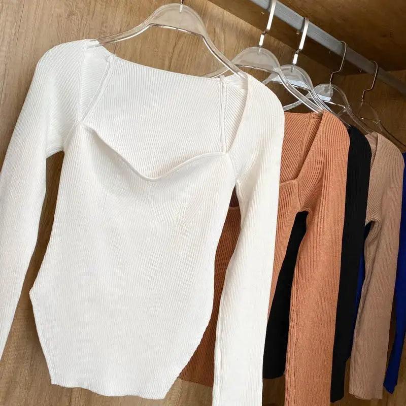 Square-Collar Knit Pullover Sweater