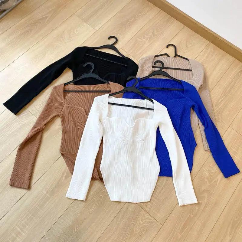 Square-Collar Knit Pullover Sweater