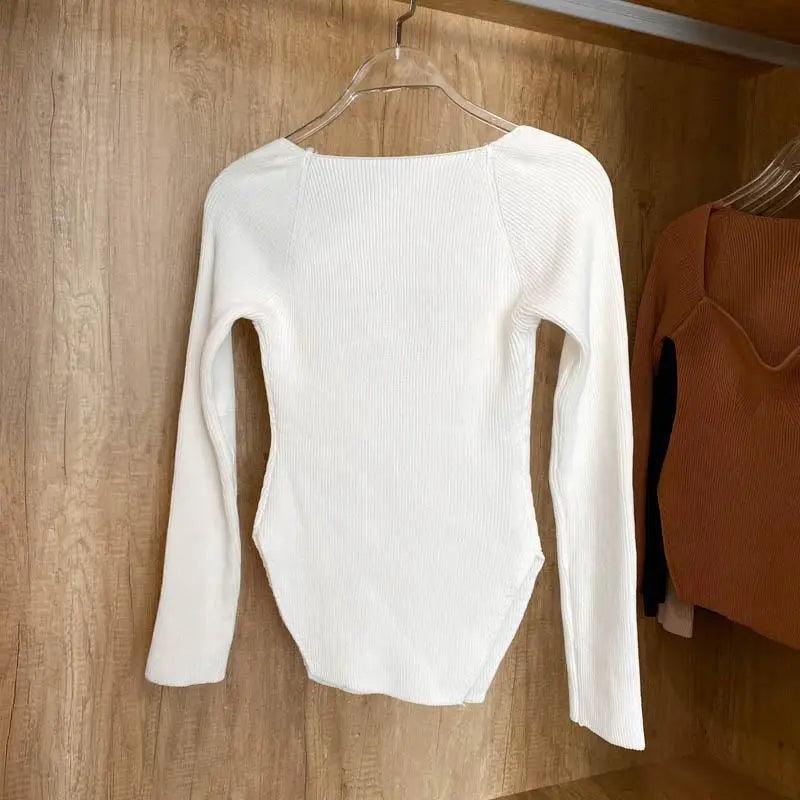 Square-Collar Knit Pullover Sweater