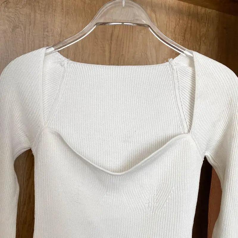 Square-Collar Knit Pullover Sweater