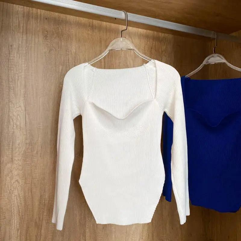 Square-Collar Knit Pullover Sweater